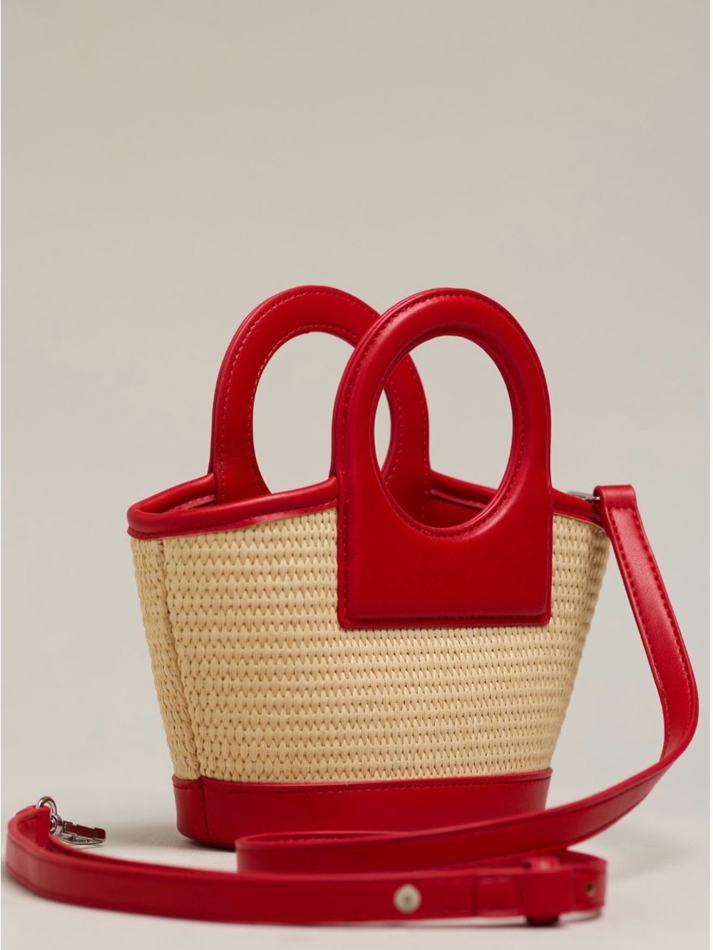 Melie Bianco Carson Raffia Mini Tote with Red Trim and Detachable Strap